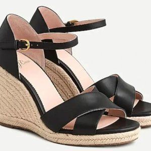 J. Crew Jute Wedge Sandals, Black Leather Size 10